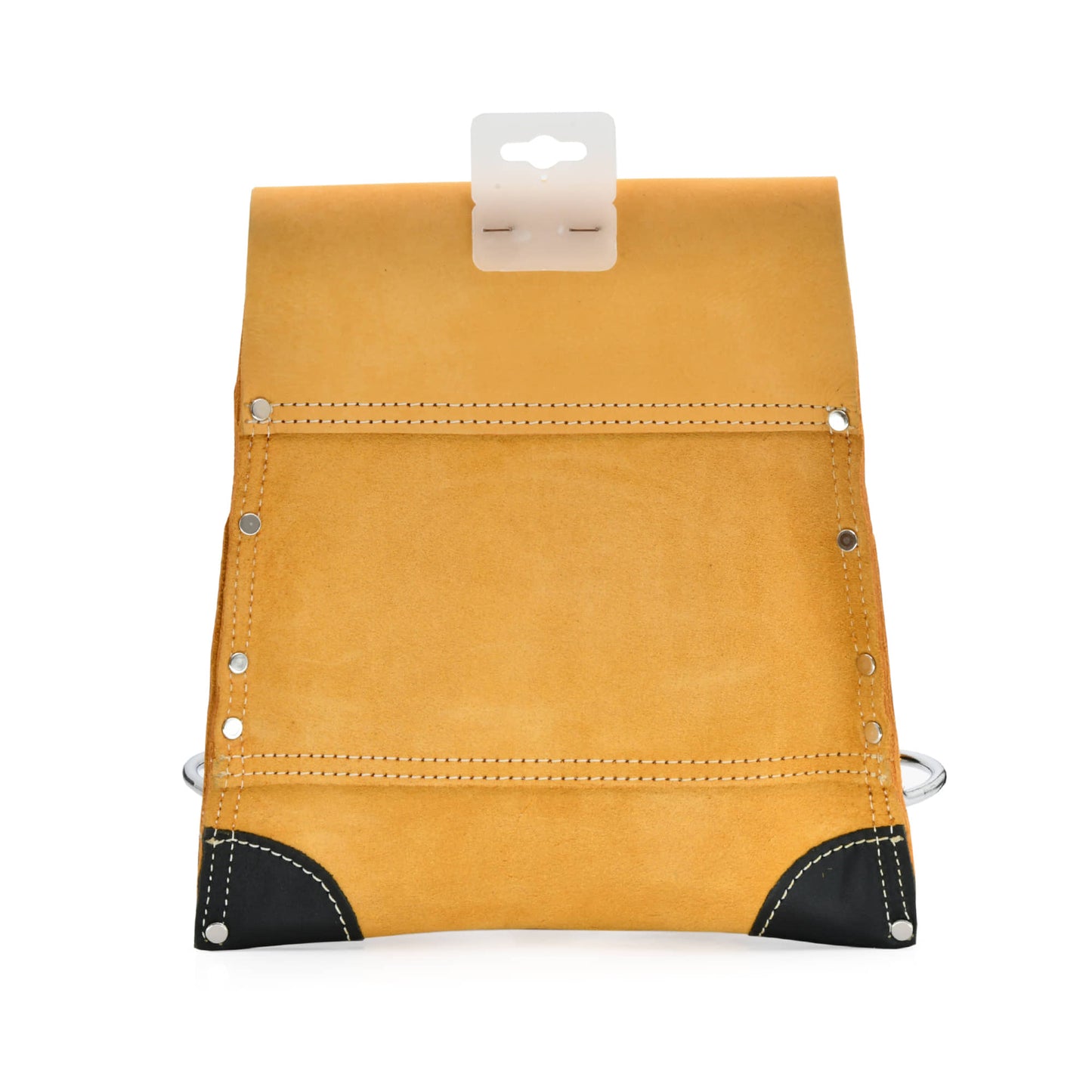 Style n Craft's 93823 - 8 Pocket Carpenter's Nail & Tool Pouch in Yellow Full Grain Leather with Reinforced Corners - Back View with Hanger Tag