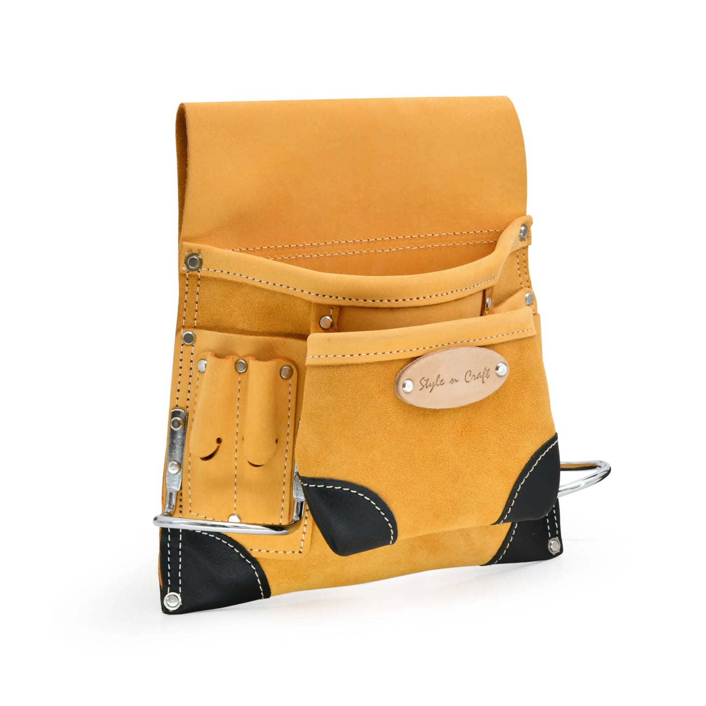 Style n Craft's 93823 - 8 Pocket Carpenter's Nail & Tool Pouch in Yellow Full Grain Leather with Reinforced Corners - Front Angled View