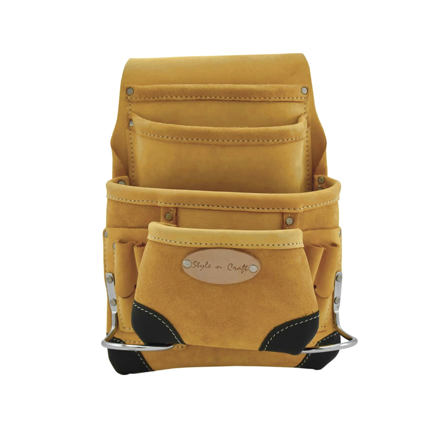 Style n Craft 93923 - 10 Pocket Carpenter's Nail & Tool Pouch in Yellow Top Grain Leather with Reinforced Corners in Black Top Grain Leather - Front View 2