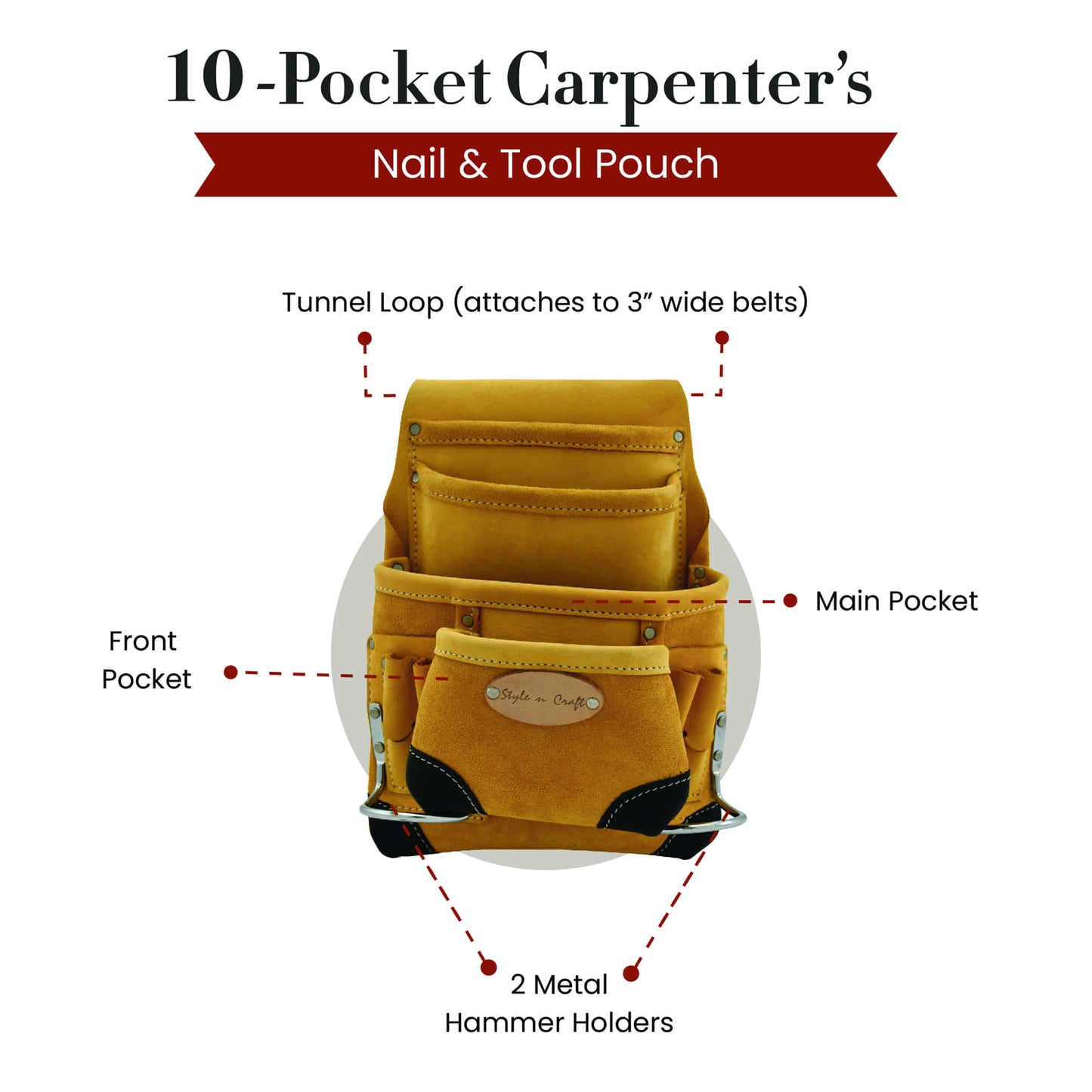 Style n Craft 93923 - 10 Pocket Carpenter's Nail & Tool Pouch in Yellow Top Grain Leather with Reinforced Corners in Black Top Grain Leather - Front View Showing the Details