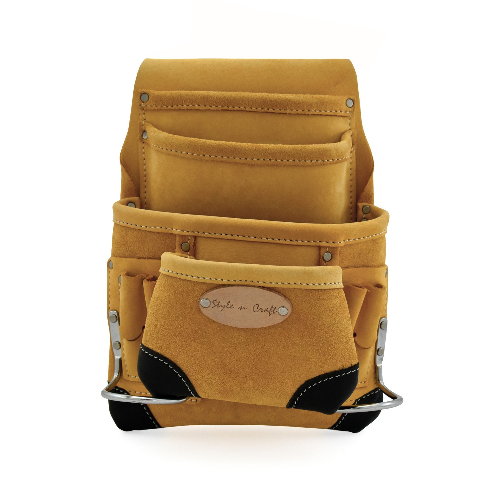 Style n Craft 93923 - 10 Pocket Carpenter's Nail & Tool Pouch in Yellow Top Grain Leather with Reinforced Corners in Black Top Grain Leather - Front View 1