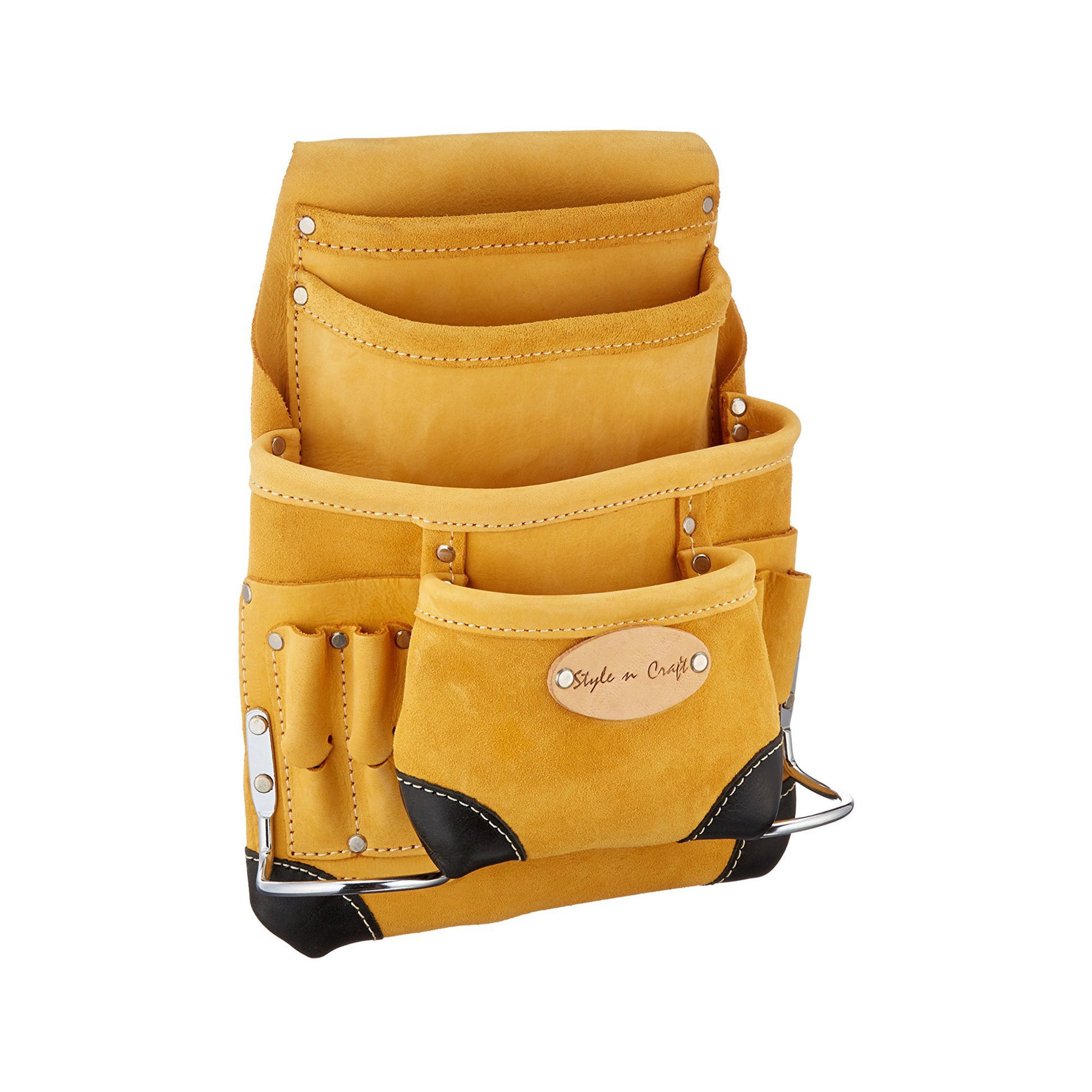 Style n Craft 93923 - 10 Pocket Carpenter's Nail & Tool Pouch in Yellow Top Grain Leather with Reinforced Corners in Black Top Grain Leather - Front Angled View