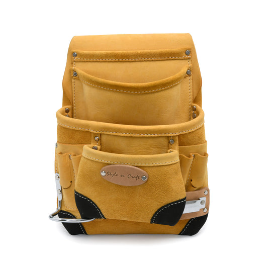 Style n Craft 93924 - 10 Pocket Carpenter's Nail & Tool Pouch in Yellow Top Grain Leather with Reinforced Black Leather Corners, Hammer Holder & Tape Clip - Front View