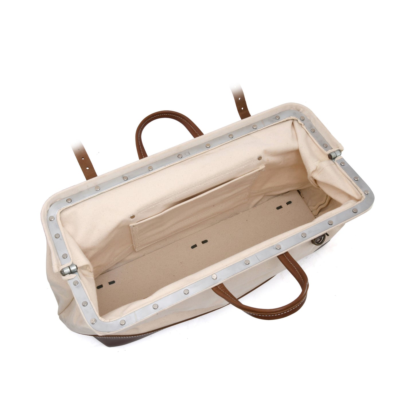 Style n Craft 97517 - 20 Inch Mason's Tool Bag in White Canvas and Dark Tan Full Grain Leather Combination - Open Inside View Showing the Metal Frame, Inside Back Wall Pocket and the Fiber Lined Bottom