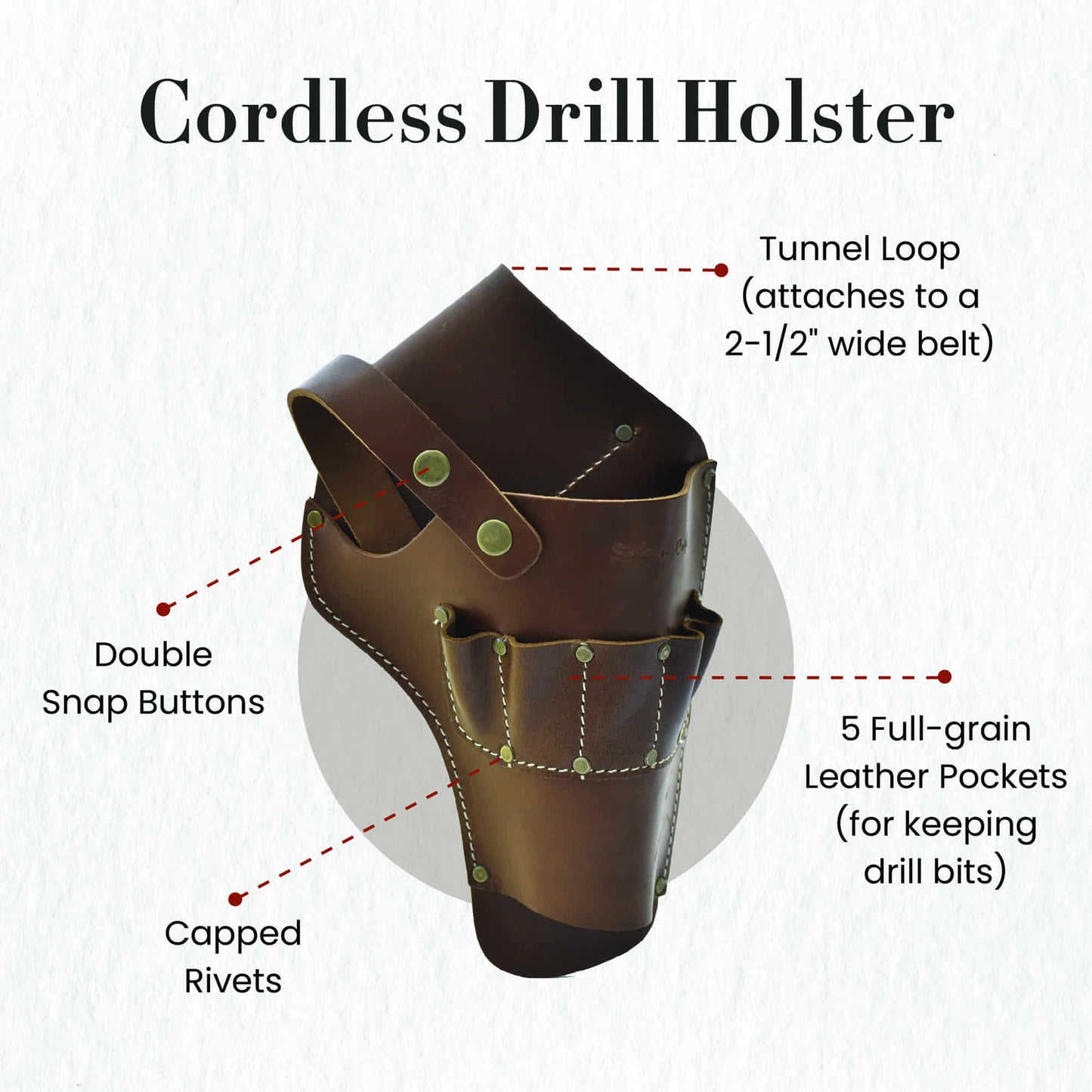 Style n Craft's 98000 - Cordless Drill Holster in Heavy Top Grain Leather with 5 Drill Bit Pockets & Double Snap Button Leather Strap for Adjustment - Front view showing details