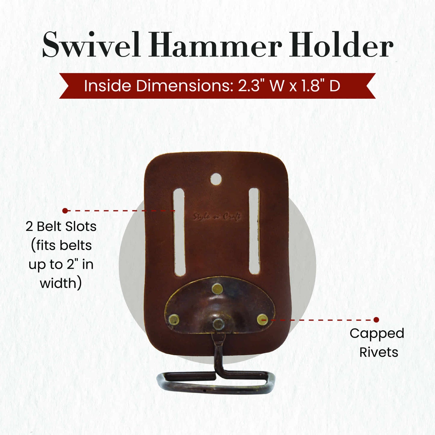 Style n Craft 98007 - Swivel Hammer Holder in Heavy Full Grain Leather in Dark Tan Color - Front view showing the details