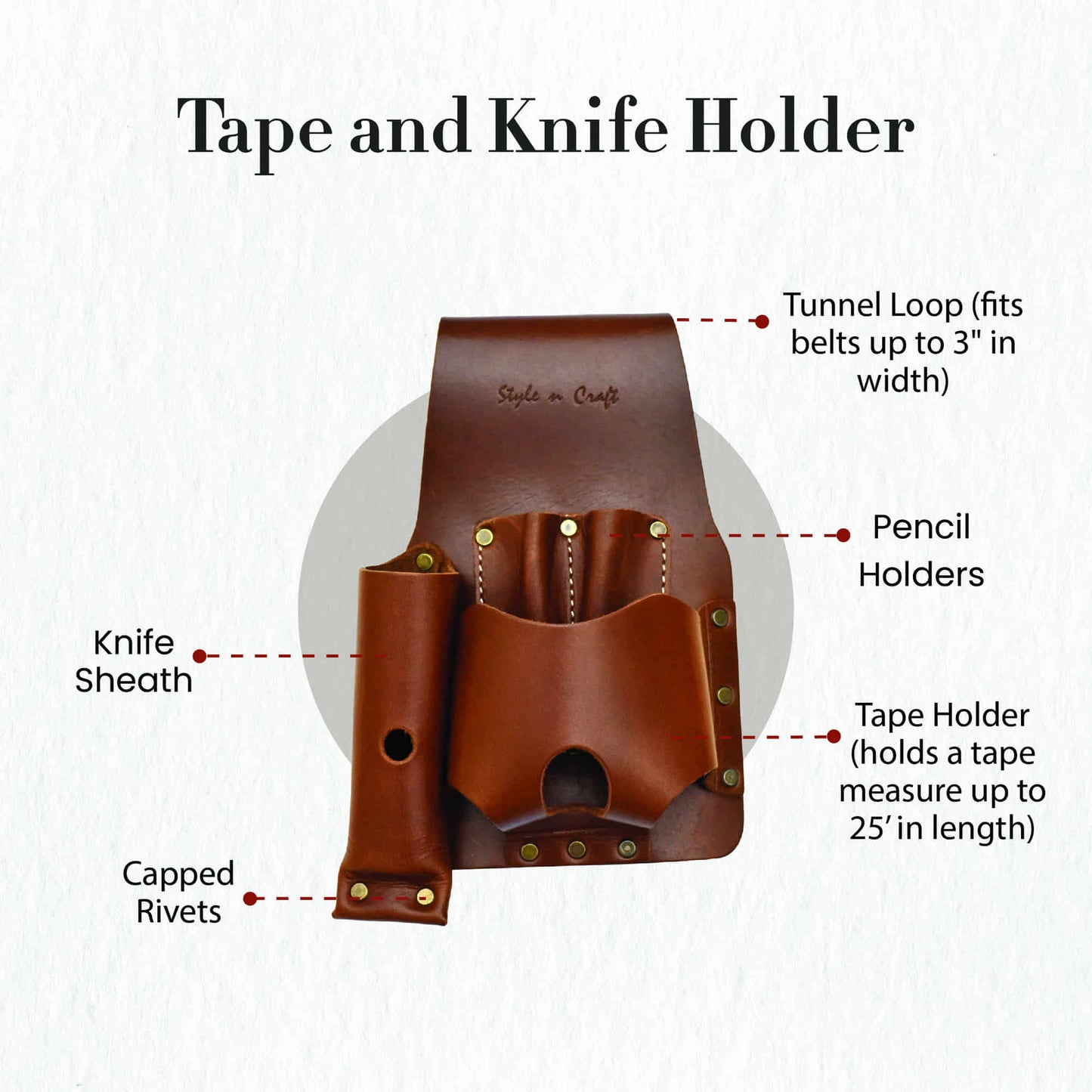 Style n Craft 98015 Tape and Knife Holder in Heavy Full Grain Leather in Dark Tan Color - Front View Showing the Details