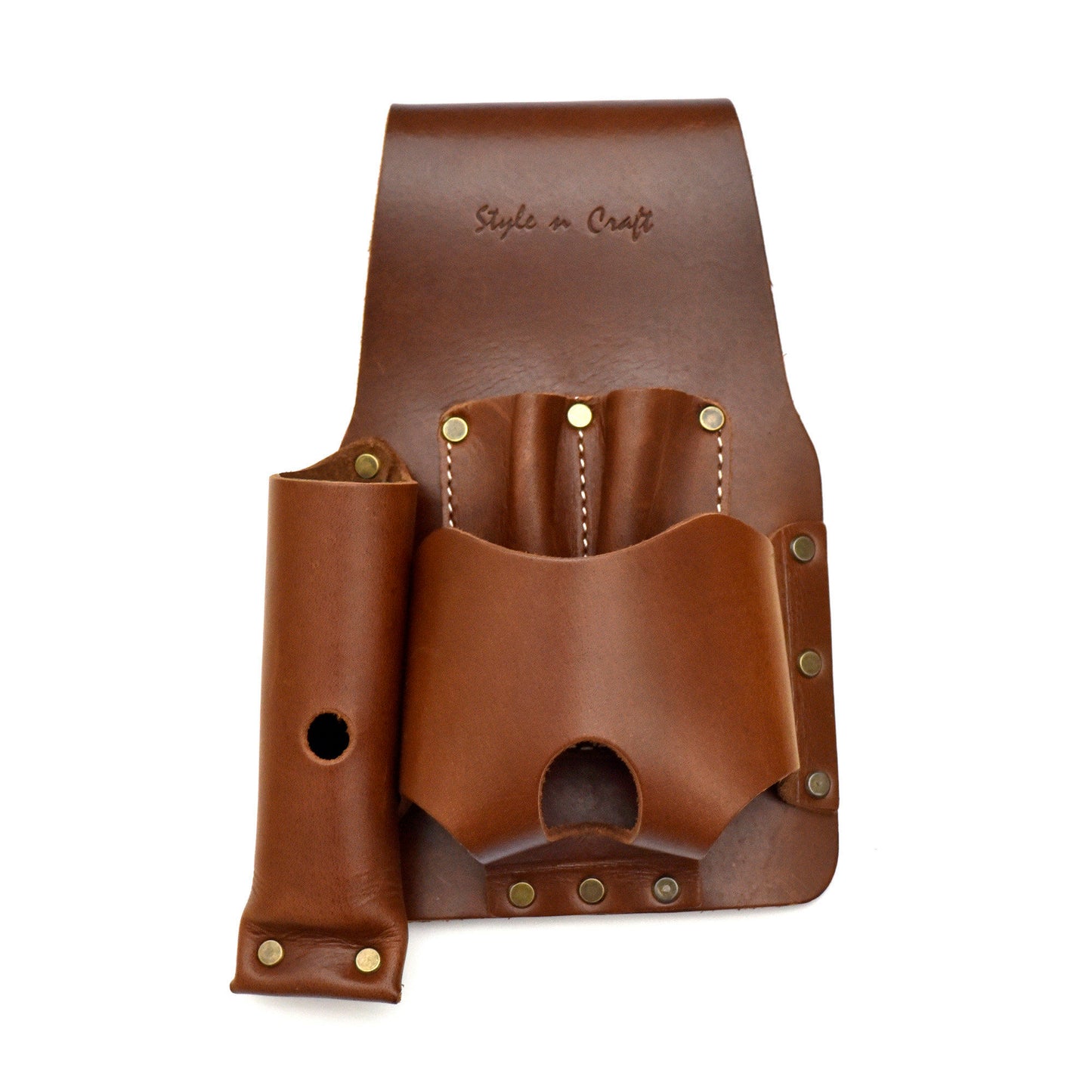 Style n Craft 98015 Tape and Knife Holder in Heavy Full Grain Leather in Dark Tan Color - Front View