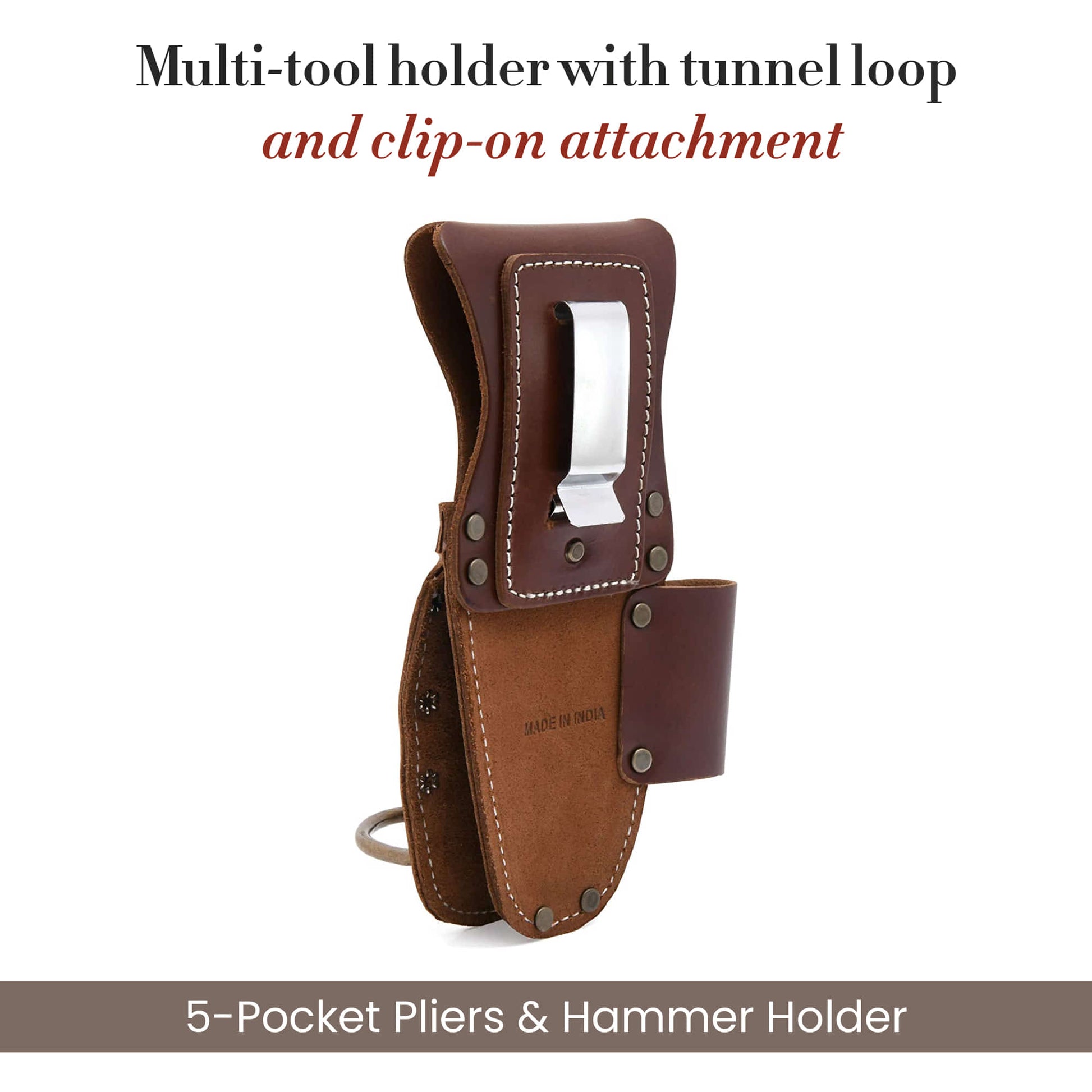Style n Craft's 98016 - 5 Pocket Pliers, Flashlight & Hammer Holder in Dark Tan Top Grain Leather - Back View Showing the Details of the Metal Clip-On Attachment & Tunnel Loop Attachment for a Belt of Up to 3-Inch Width