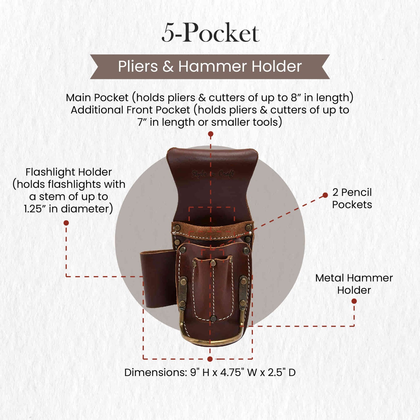 Style n Craft's 98016 - 5 Pocket Pliers, Flashlight & Hammer Holder in Dark Tan Top Grain Leather - Front View Showing Details