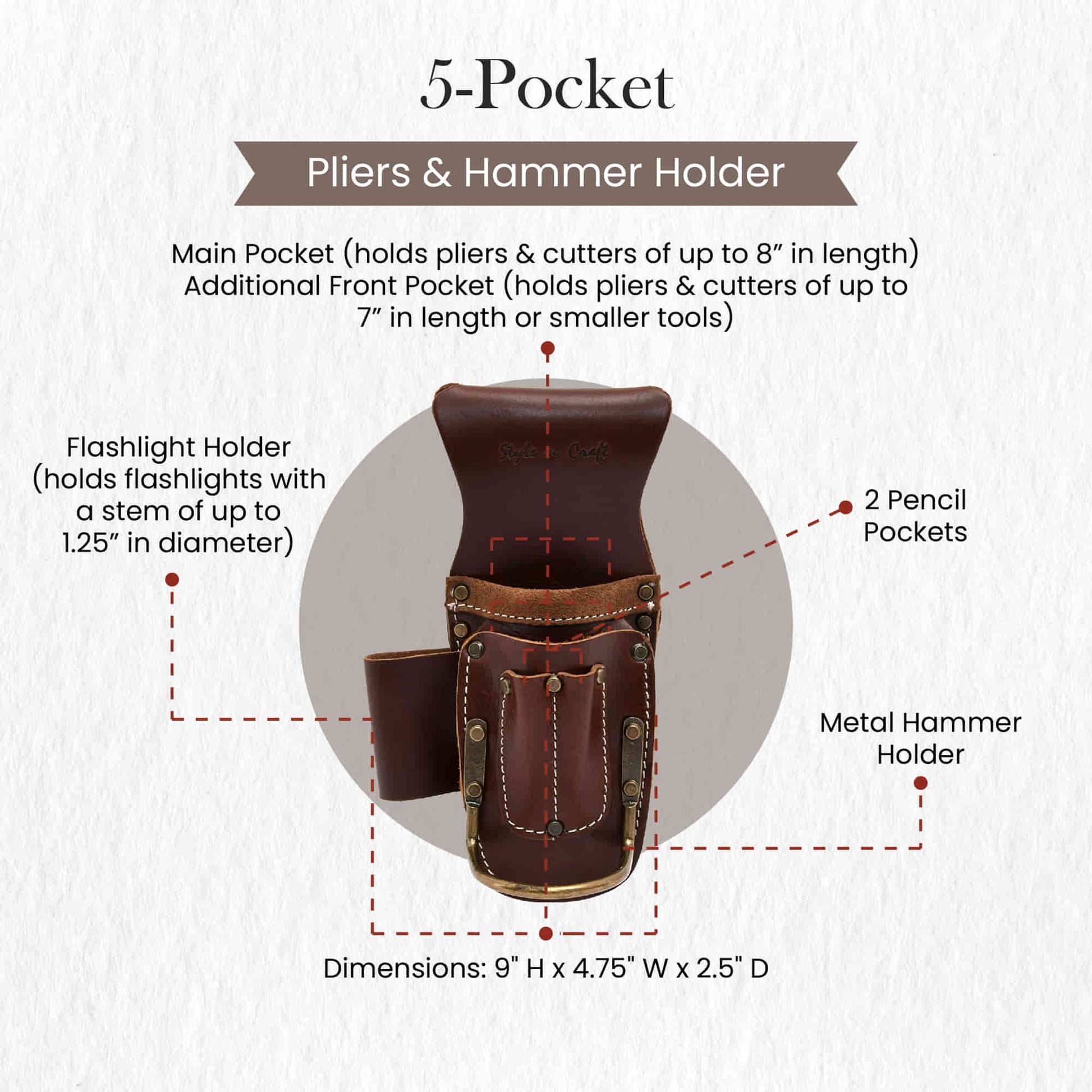Style n Craft's 98016 - 5 Pocket Pliers, Flashlight & Hammer Holder in Dark Tan Top Grain Leather - Front View Showing Details