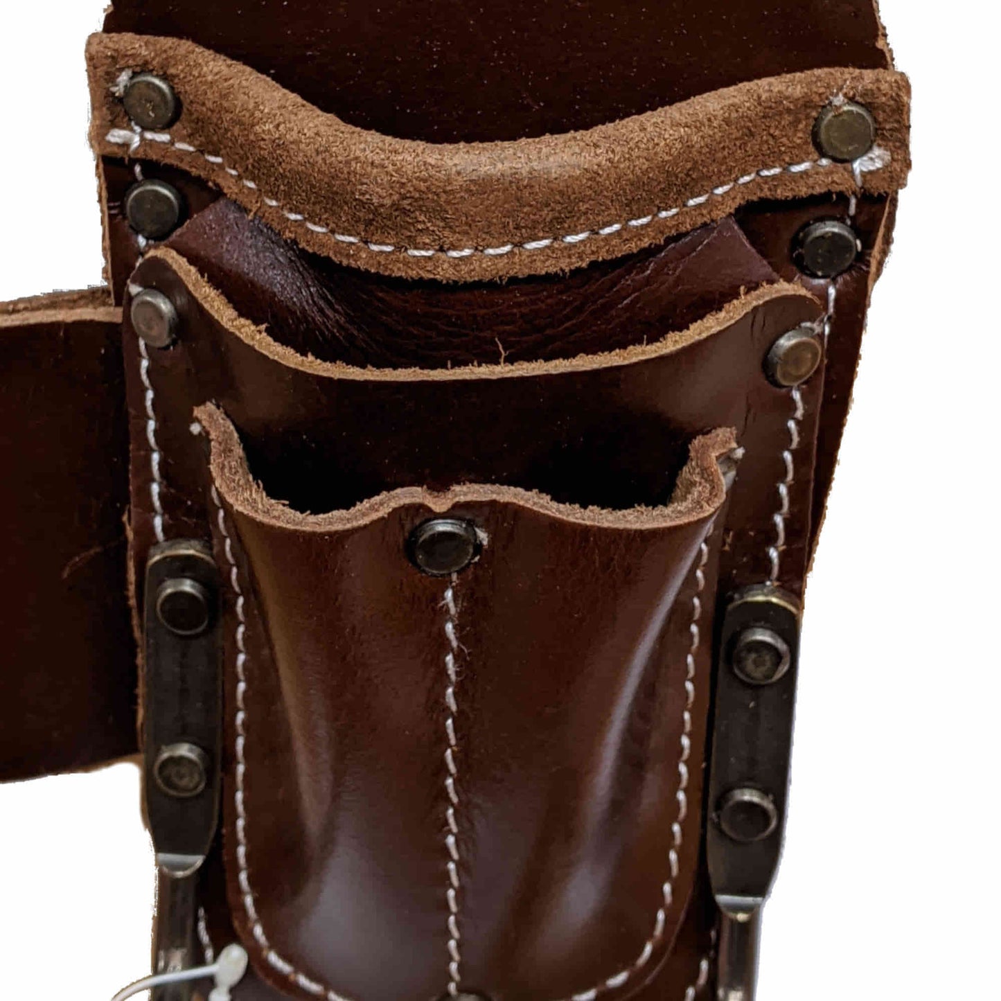Style n Craft's 98016 - 5 Pocket Pliers, Flashlight & Hammer Holder in Dark Tan Top Grain Leather - Front View Showing the Larger Pencil Pockets for the Thicker Carpenter's Pencils.