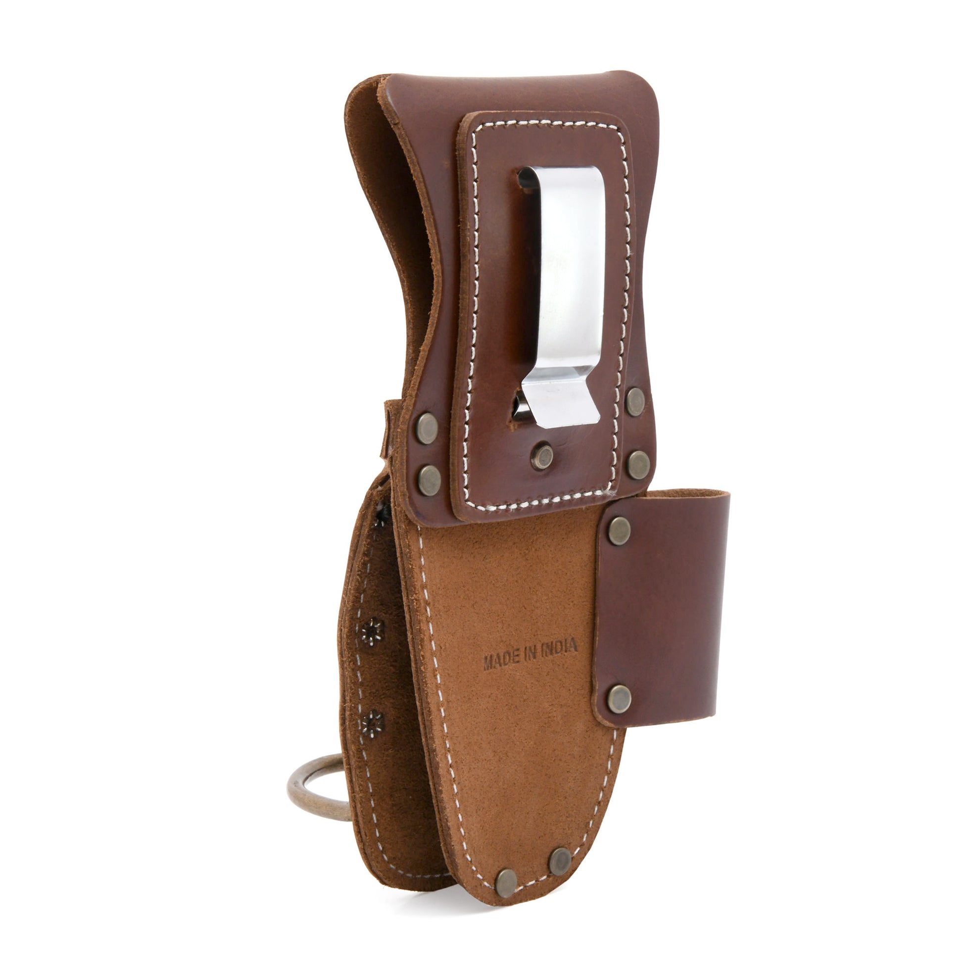Style n Craft's 98016 - 5 Pocket Pliers, Flashlight & Hammer Holder in Dark Tan Top Grain Leather - Back View Showing the  Metal Clip-On Attachment & Tunnel Loop Attachment for a Belt of Up to 3-Inch Width