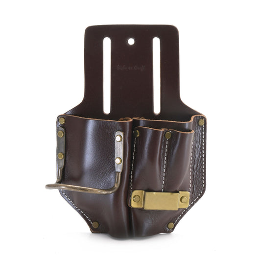 Style n Craft's 98017 - 4 Pocket Pliers, Hammer & Tape Holder in Dark Tan Top Grain Leather - Front View. Slots for a 3" wide belt.