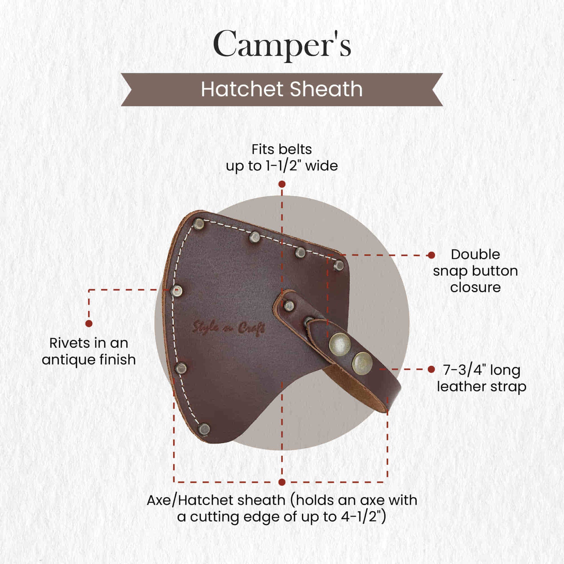 Style n Craft 98025 - Camper's Hatchet Sheath / Axe Cover in Heavy Top Grain Leather in Dark Tan Color. It has a Double Snap Button Closure - Front View showing details