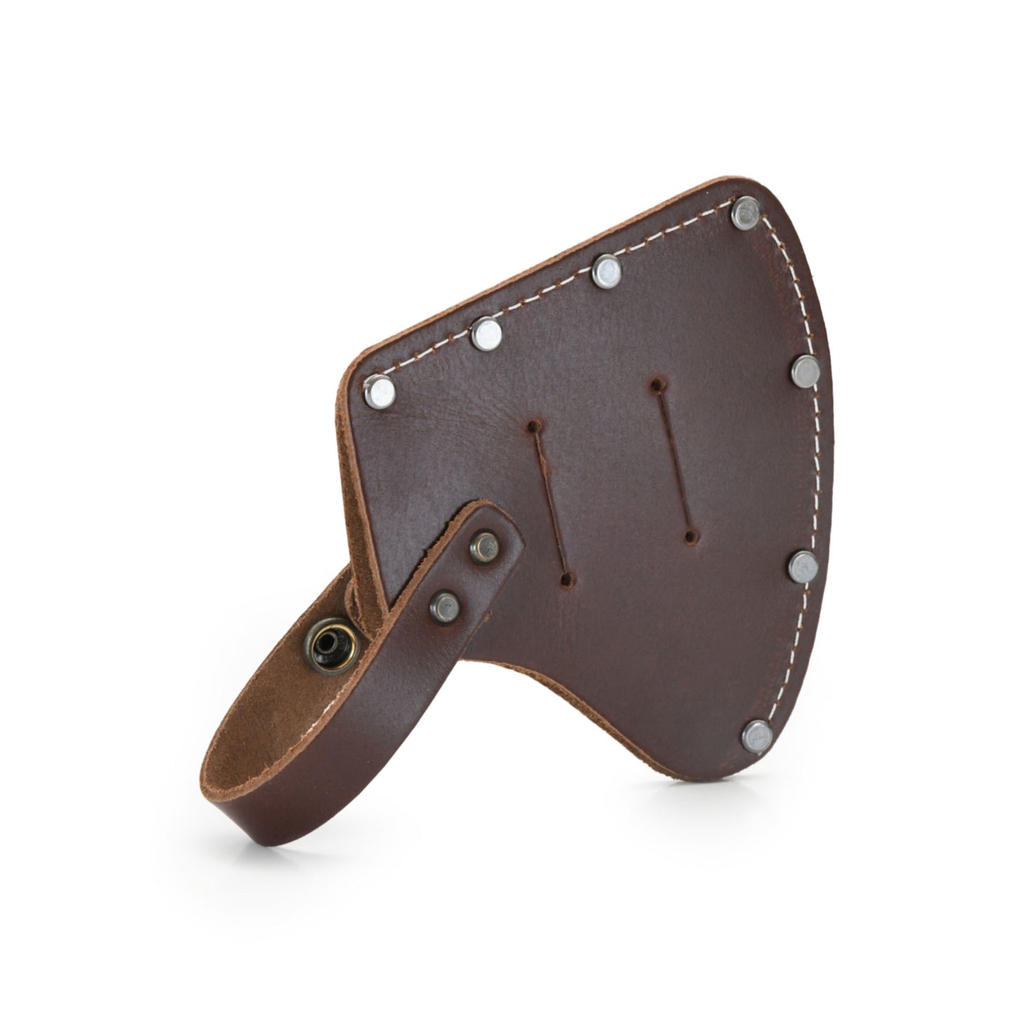 Style n Craft 98025 - Camper's Hatchet Sheath / Axe Cover in Heavy Top Grain Leather in Dark Tan Color. It has a Double Snap Button Closure - Back View