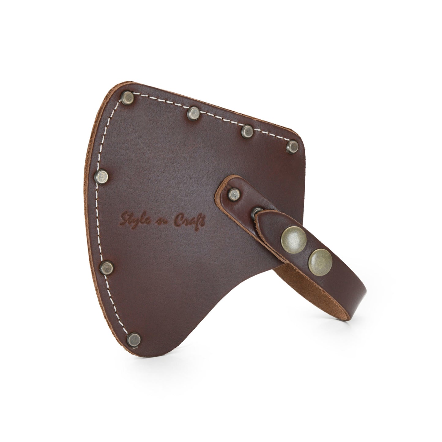 Style n Craft 98025 - Camper's Hatchet Sheath / Axe Cover in Heavy Top Grain Leather in Dark Tan Color. It has a Double Snap Button Closure - Front View