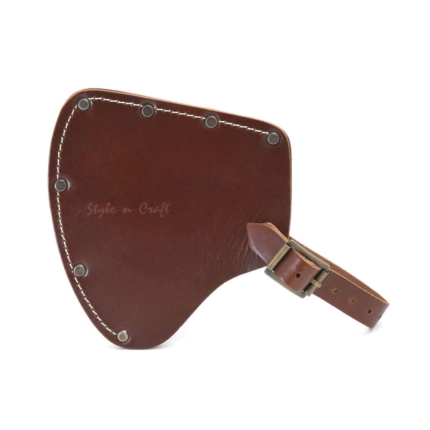 Style n Craft 98027 - Camper's Axe Sheath / Cover in Heavy Full Grain Leather in Dark Tan Color with a Strap and Buckle Closure - Front View