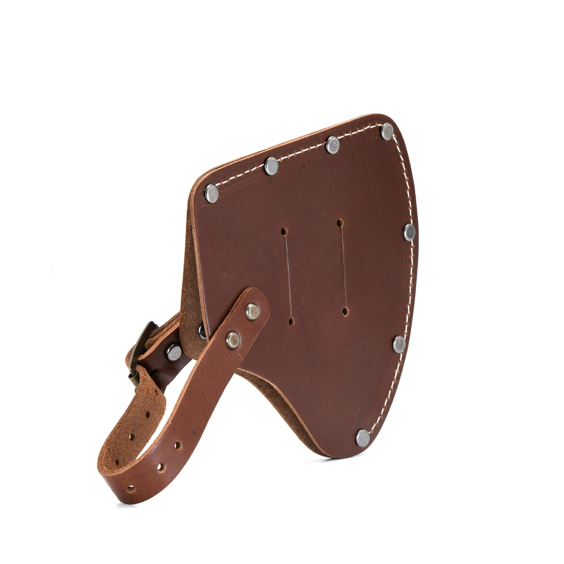 Style n Craft 98027 - Camper's Axe Sheath / Cover in Heavy Full Grain Leather in Dark Tan Color with a Strap and Buckle Closure - Back View