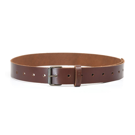 Style n Craft 98051 - One and a Half Inch Wide Work Belt in Dark Tan Heavy Full Grain Leather with Metal Roller Buckle in Antique Finish - Front View