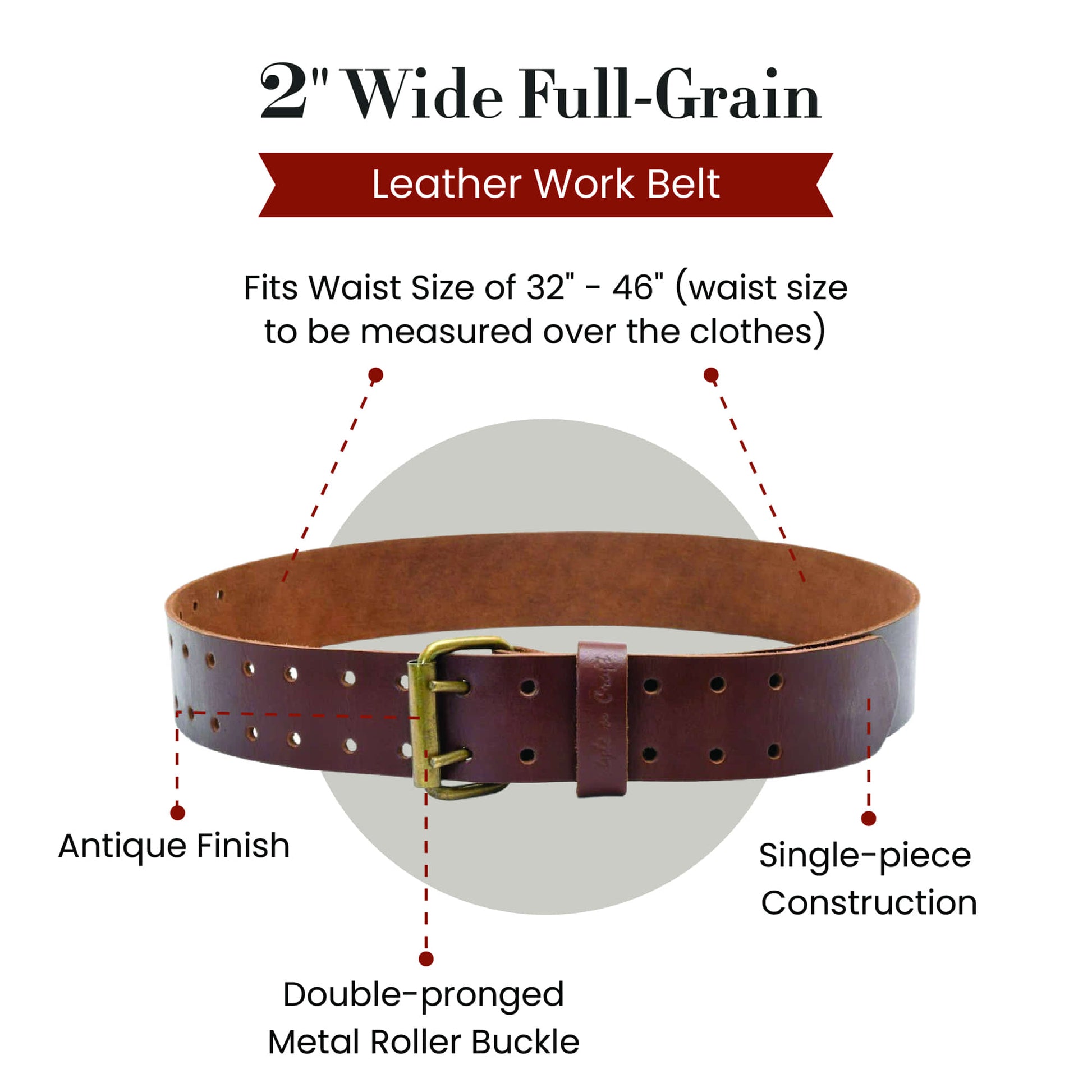 Style n Craft's 98052 - 2 Inch Wide Work Belt in Heavy Full Grain Leather in Dark Tan Color with Double Prong Metal Roller Buckle in Antique Finish - Front View showing the Details