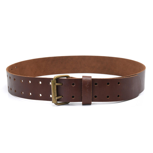 Style n Craft's 98052 - 2 Inch Wide Work Belt in Heavy Full Grain Leather in Dark Tan Color with Double Prong Metal Roller Buckle in Antique Finish - Front View
