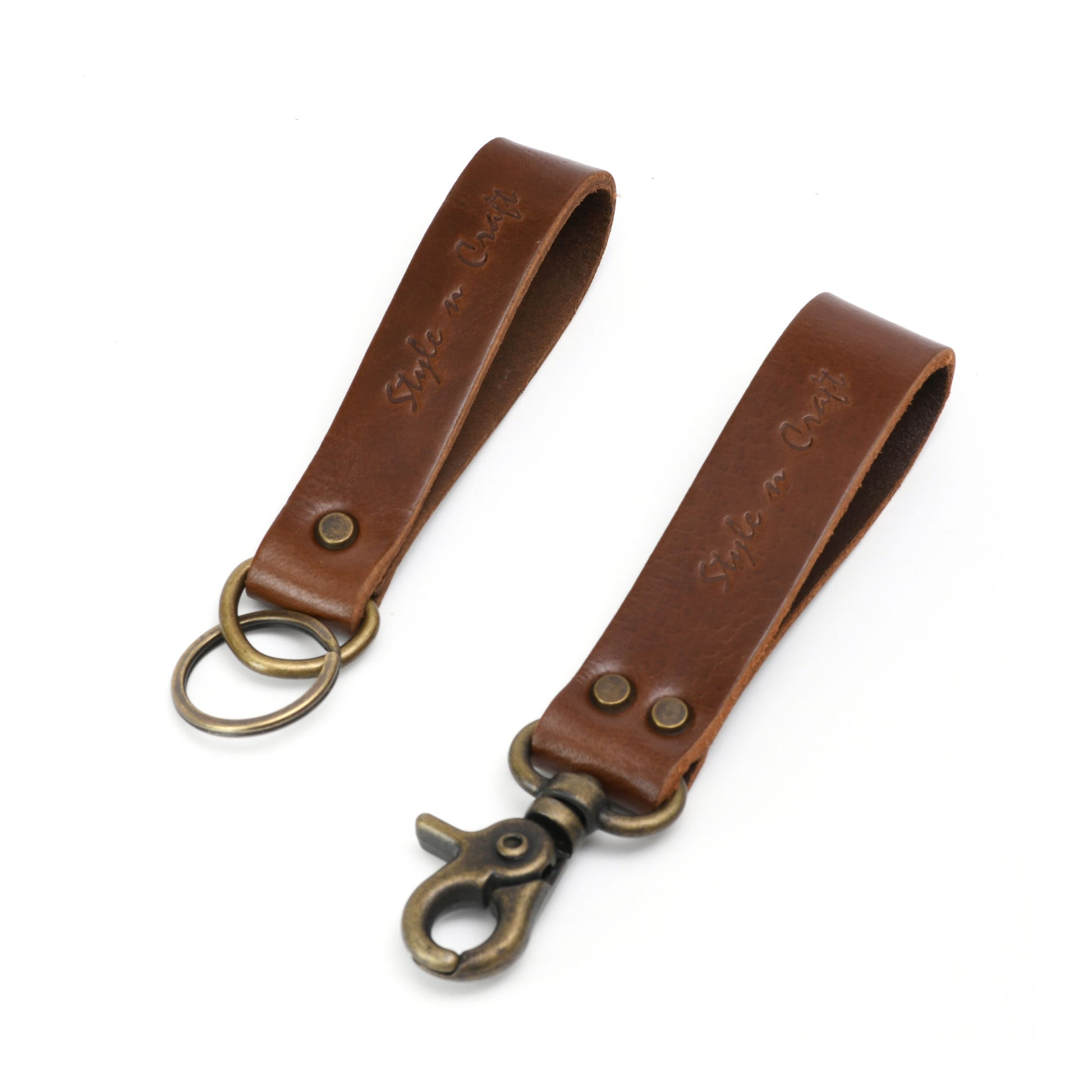 Style n Craft 98203 - Snap Loop & Key Ring Combination in Heavy Top Grain Leather in Dark Tan Color. Both Can Easily Slide on a 2 Inch Wide Belt. Front Angled View
