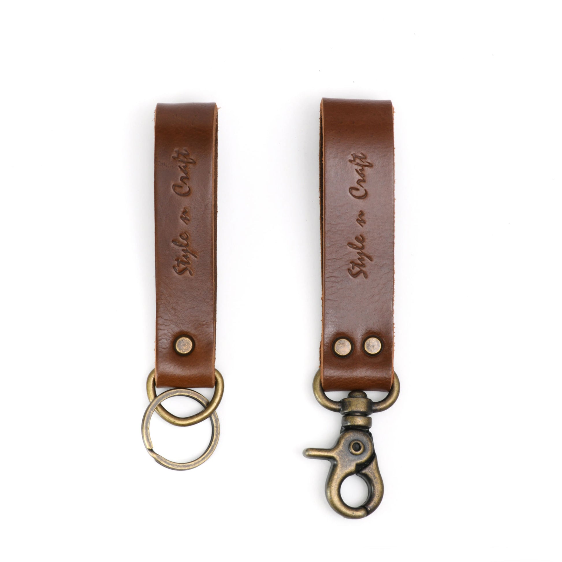Style n Craft 98203 - Snap Loop & Key Ring Combination in Heavy Top Grain Leather in Dark Tan Color. Both Can Easily Slide on a 2 Inch Wide Belt. Front View