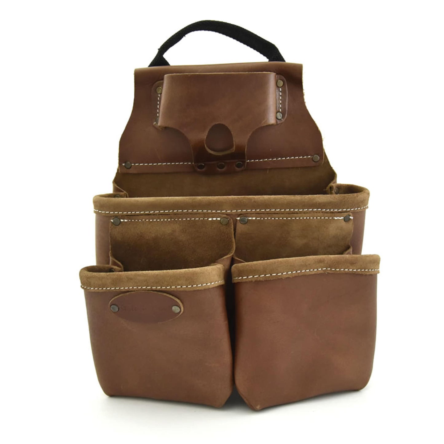 Style n Craft 98435 - 9 Pocket Framer's Nail & Tool Pouch in Full Grain Leather in Dark Tan Color - Front View showing the 2 front pockets  in front of the main pouch and the tape holder on the top of the pouch and the easy carry handle on top of the pouch