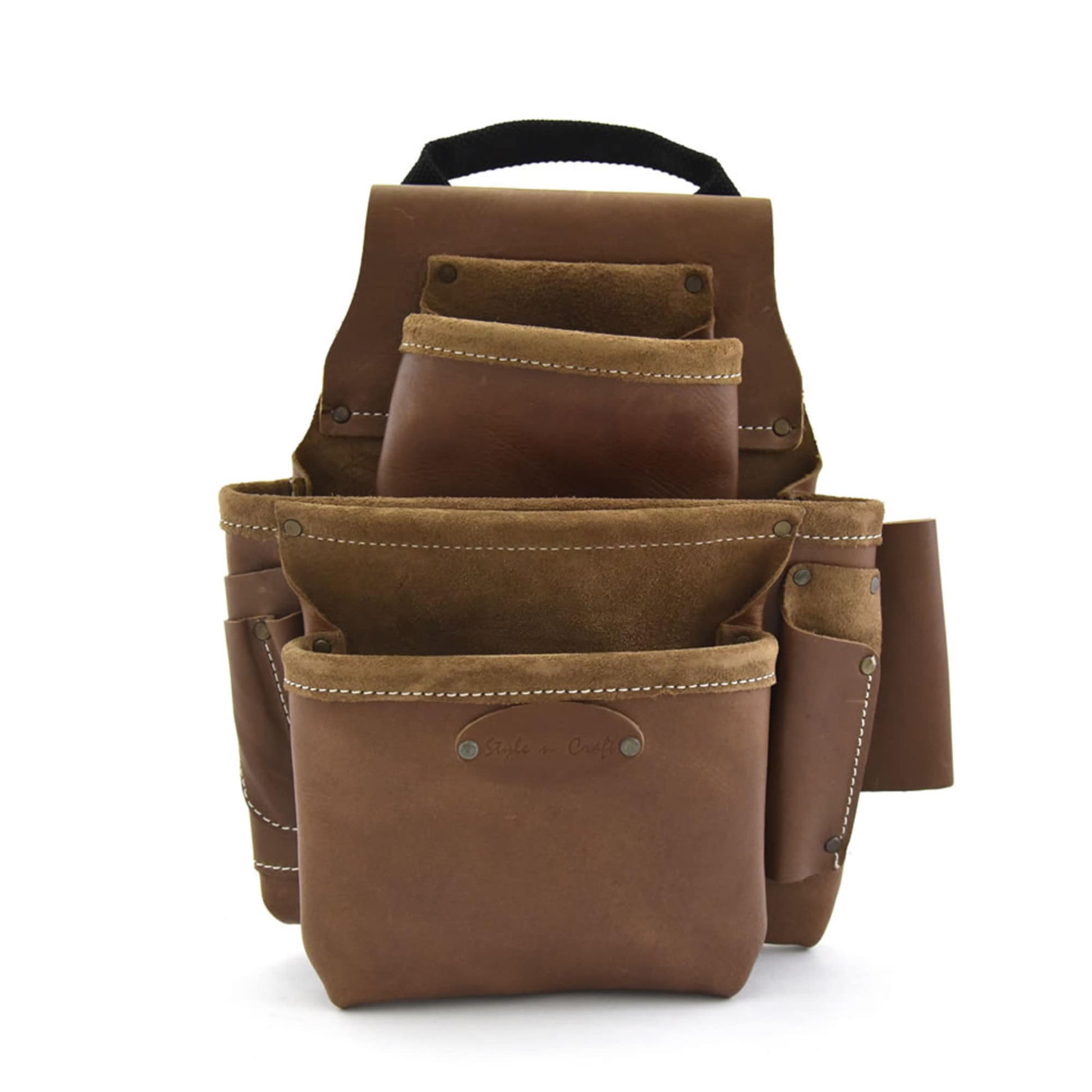 Style n Craft 98436 - 8 Pocket Framer's Nail and Tool Pouch in Full Grain Leather in Dark Tan Color - Front view showing the front pouch , pencil pockets, prybar &  combination square holder along with a smaller top pocket and easy carry handle on the top of the pouch