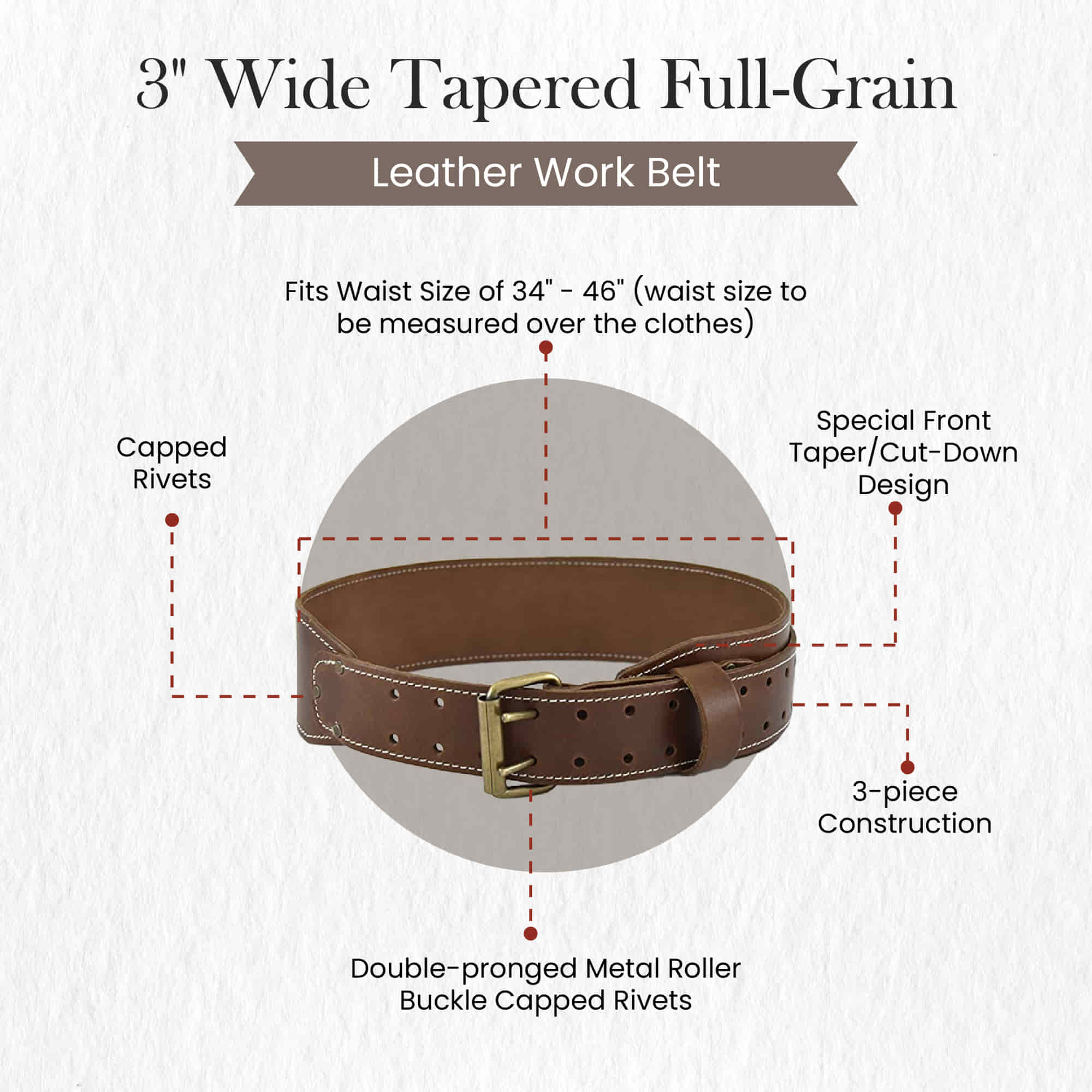 3 Inch Tapered Dark Tan Leather Work Belt