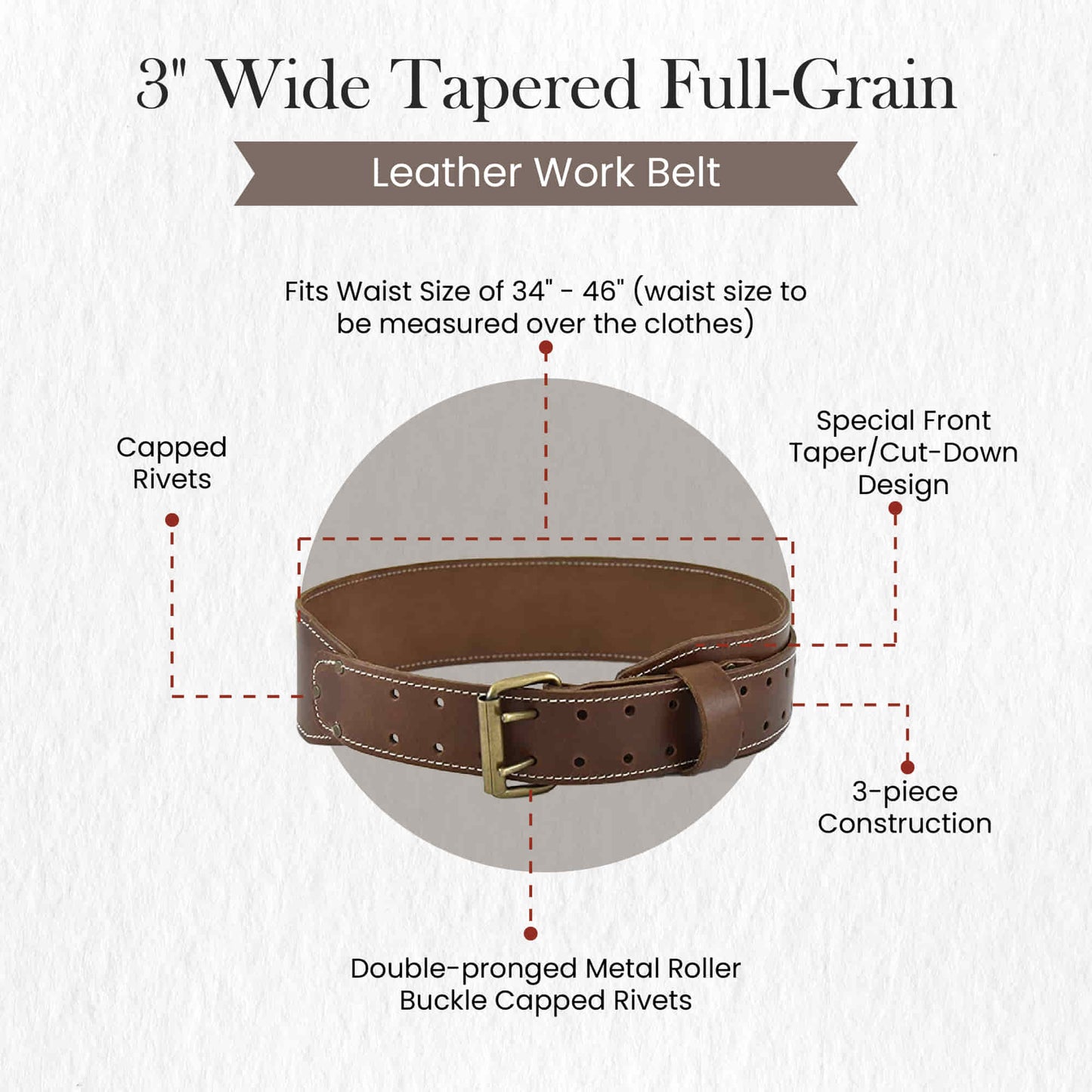 Style n Craft 98437 - 3 Inch Wide Tapered Work Belt in Heavy Top Grain Leather in Dark Tan Color - Front View Showing Details
