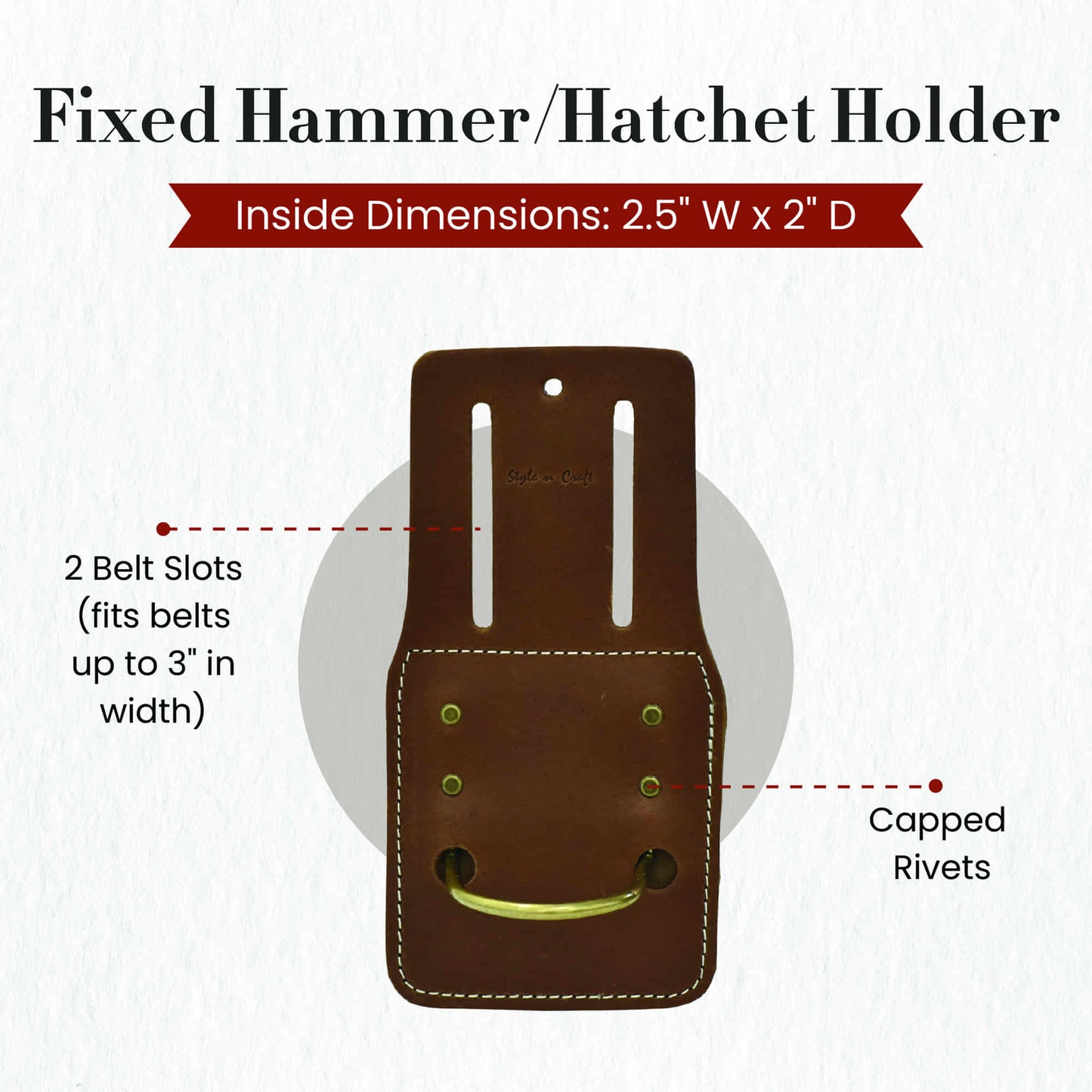 Style n Craft 98438 - Fixed Hammer / Hatchet Holder in Heavy Top Grain Leather in Dark Tan Color - Front View Showing Details