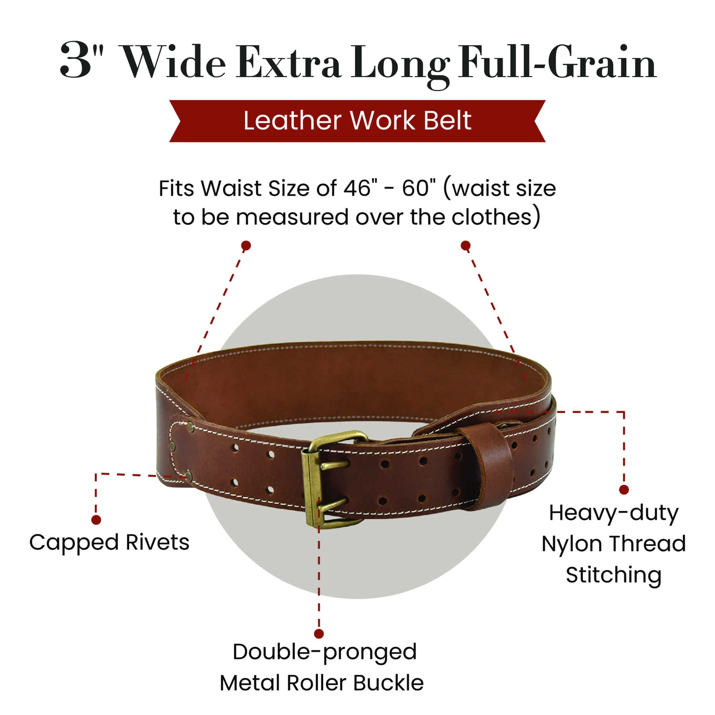 Style n Craft 98439 -3 Inch Wide Extra Long Tapered Work Belt in Heavy Top Grain Leather in Tan Color - Front view showing the details