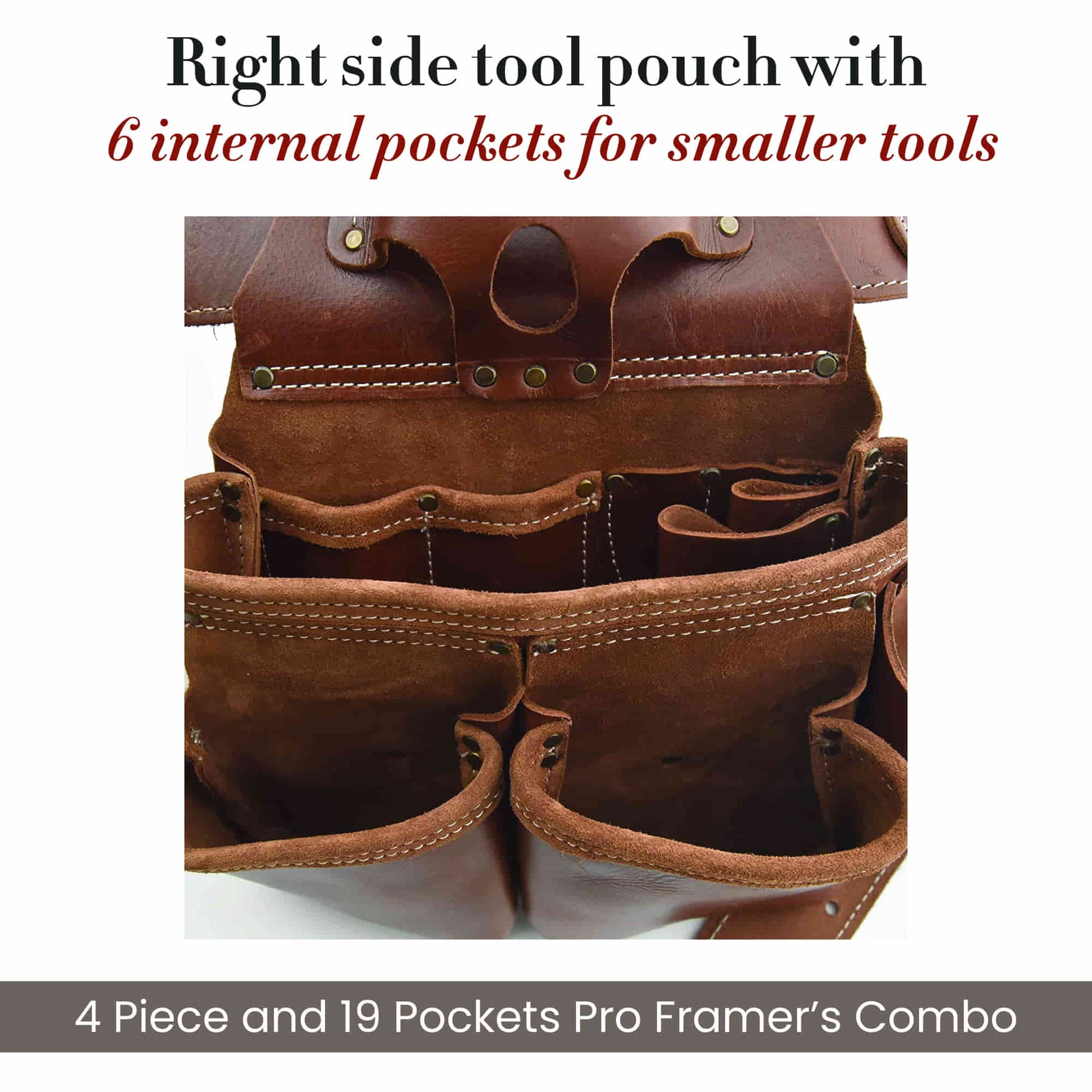 Style n Craft's 98444 - Inside View of the Right Side Pouch of the 4 Piece 19 Pocket Pro Framer’s Combo in Top Grain Leather in Dark Tan Color Showing the 6 Internal Pockets for Smaller Tools