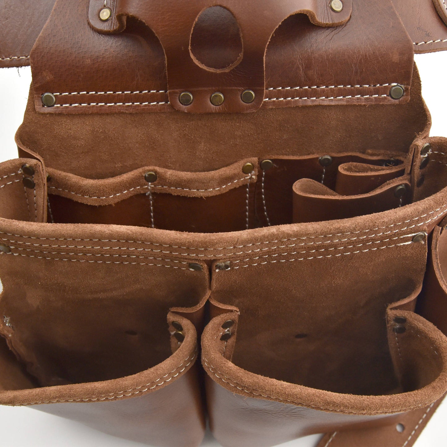 Style n Craft's 98444 - Inside View of the Right Side Pouch of the 4 Piece 19 Pocket Pro Framer’s Combo in Top Grain Leather in Dark Tan Color