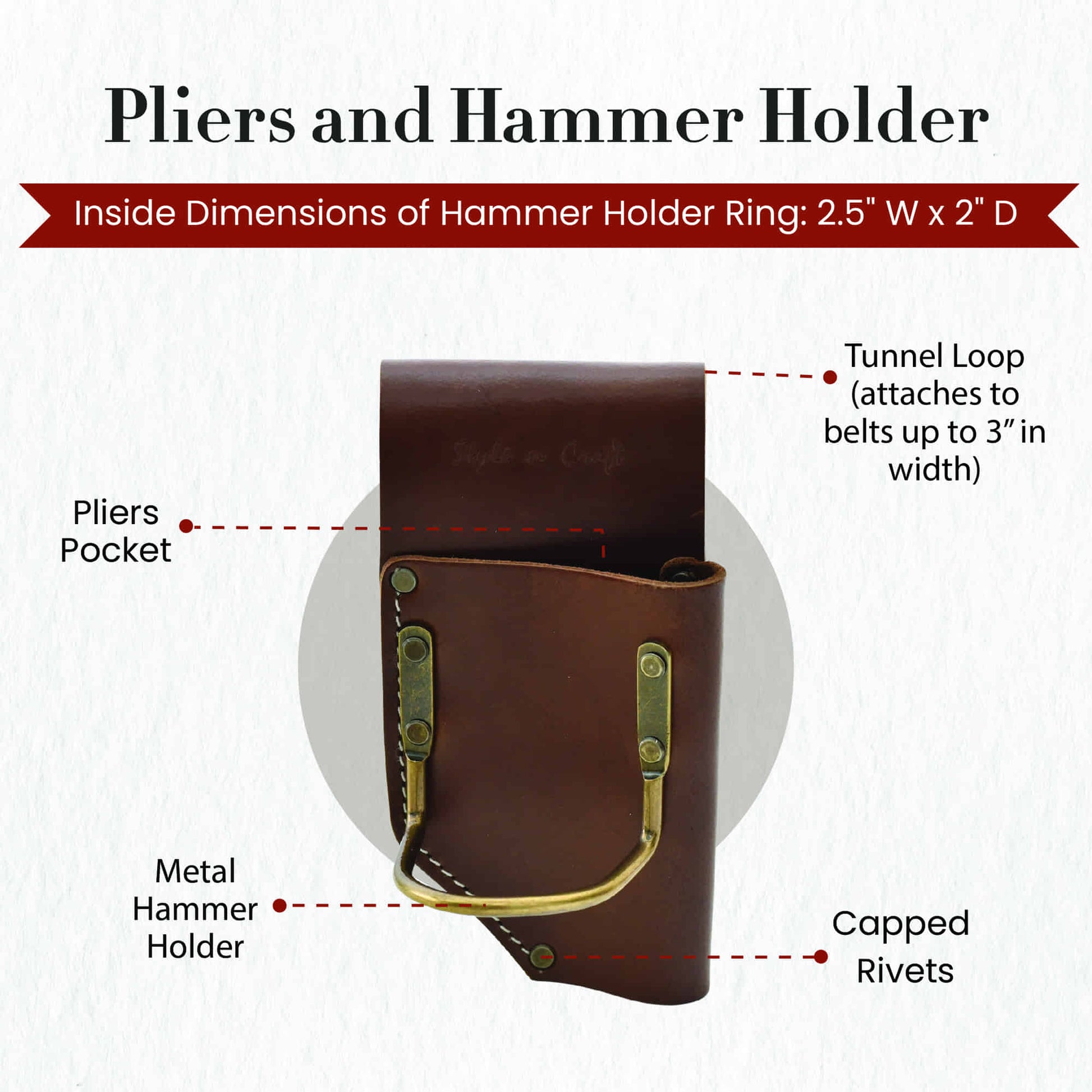 Style n Craft's 98450 - Pliers and Hammer Holder in Heavy Dark Tan Top Grain Leather - Front View Showing Details