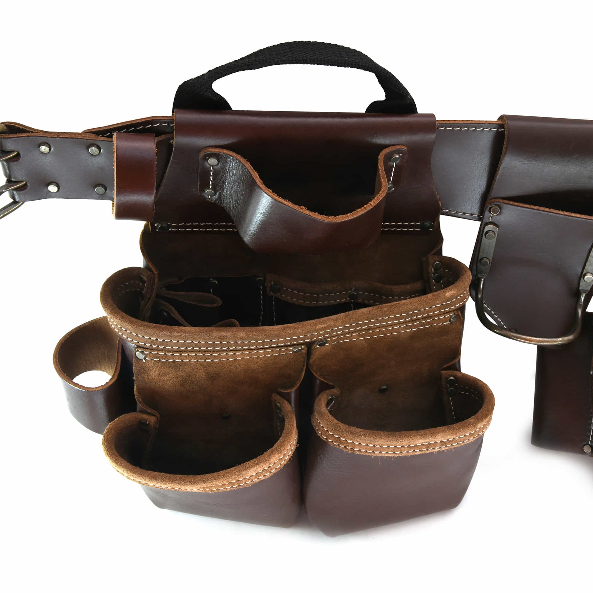 Style n Craft's 98544L - Left Side Pouch of the 4 Piece 19 Pocket Pro Framer's Combo in Top Grain Dark Tan Color Leather for Left Handed Workers showing the Interior Pockets